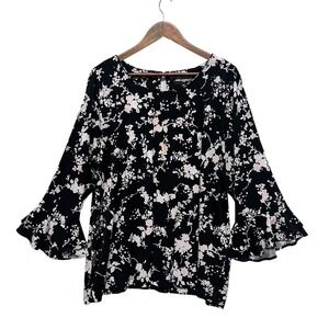 Karl Lagerfeld Womens Top Floral Bell Long Sleeve Blouse Plus Size 2X Black Knit